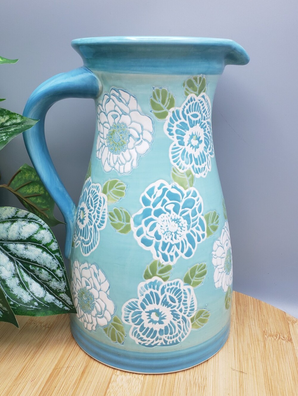 Dutch Wax Anthropology Blue White, Green Handpainted Floral Ceramic Pitcher/Vase
